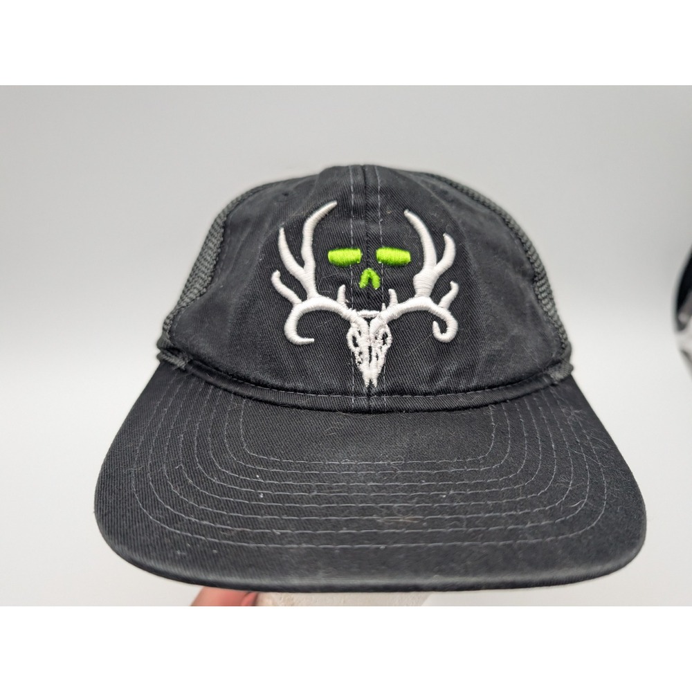 Black Deer Skull Antler Mesh Trucker Hat Adjustable Snapback Neon Green Accent
